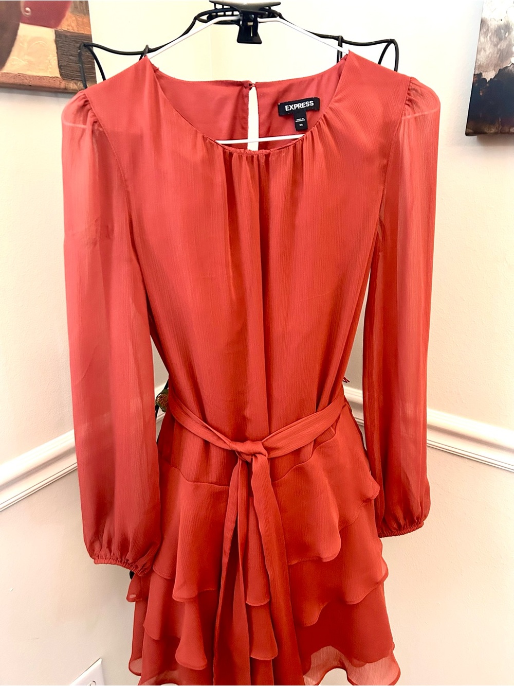 Express Burnt Orange Long Sleeve Ruffle Tie-Waist Dress